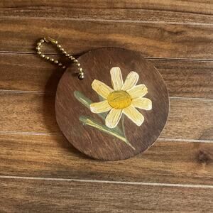 VTG Handmade Wooden Daisy Keychain Luggage Tag Bag Charm Flower Power Retro